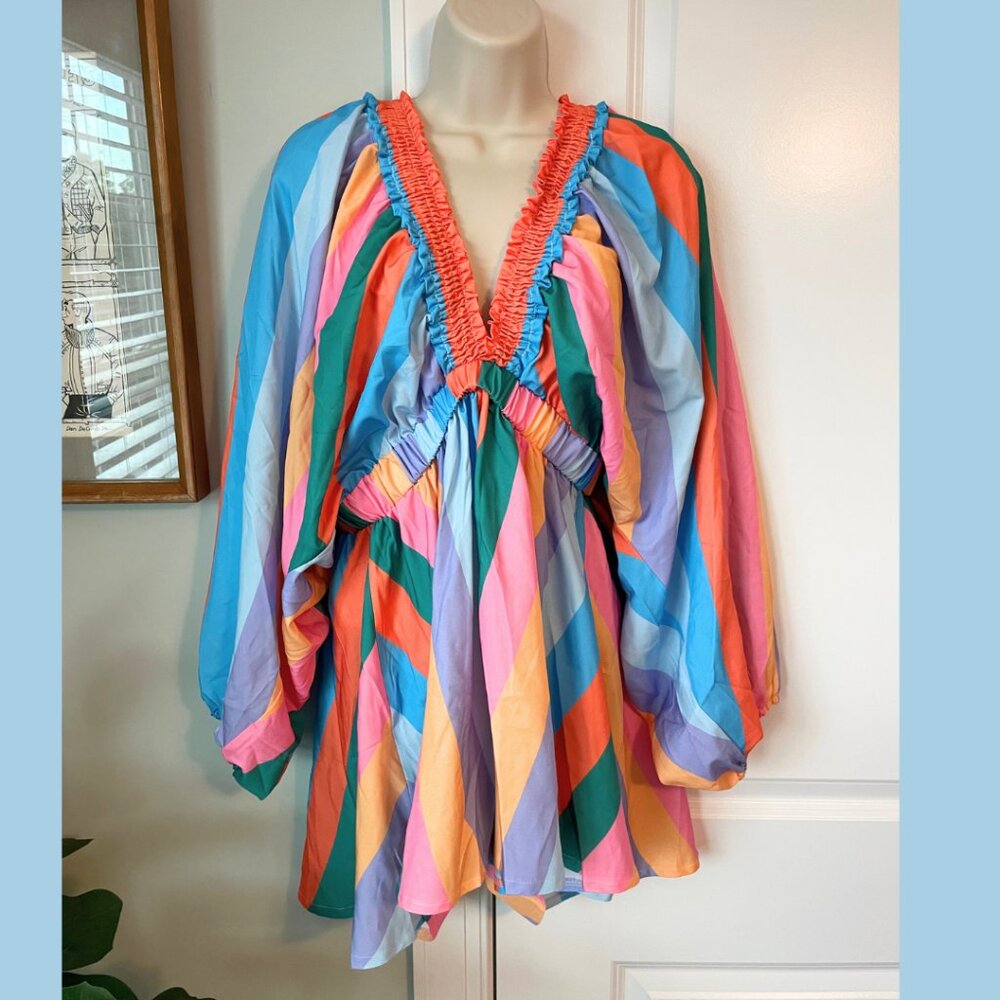Rainbow Stripe Deep Ruffle V Romper